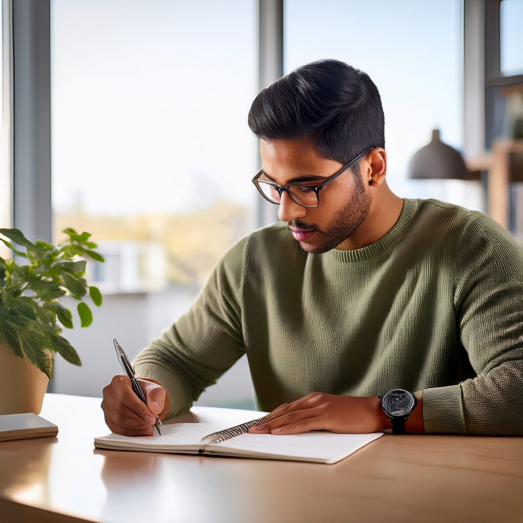 Junger Mann arbeitet mit einem Arbeitsbuch